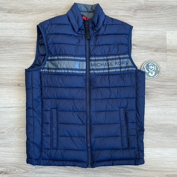 MICHAEL KORS 
Logo Tape Quilted Nylon Puffer Vest men’s size medium blue - Picture 2 of 8